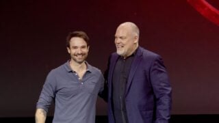 Charlie Cox and Vincent D'Onofrio speak onstage during D23 Expo 2022