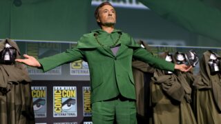 Robert Downey Jr. speaks onstage during the Marvel Studios Panel in Hall H at SDCC in San Diego, California on July 27, 2024. (Photo by Jesse Grant/Getty Images for Disney)