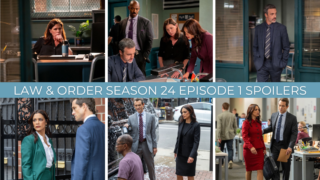 Photo collage for Law.& Order Season 24 Episode 1 spoilers with a blue stripe in the middle with the name of the collage