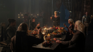 Queen Rhaenyra Targaryen (Emma D'Arcy) toasts her new dragon riders and warns them of what is to come.